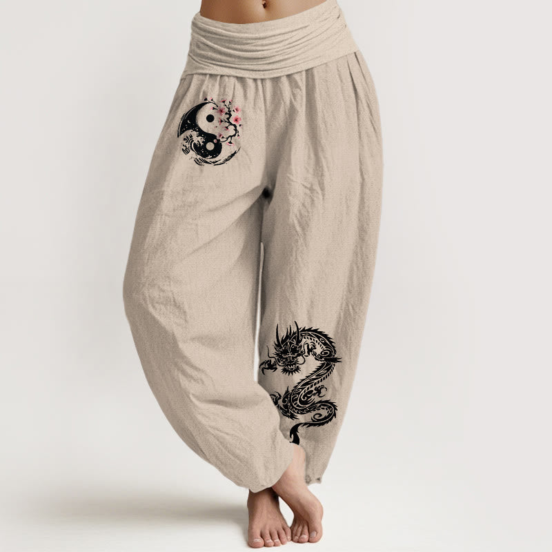 Nimara Ritual Dragon Yin Yang Waves Flower Pattern Pure Cotton Women's Elastic Waist Harem Pants