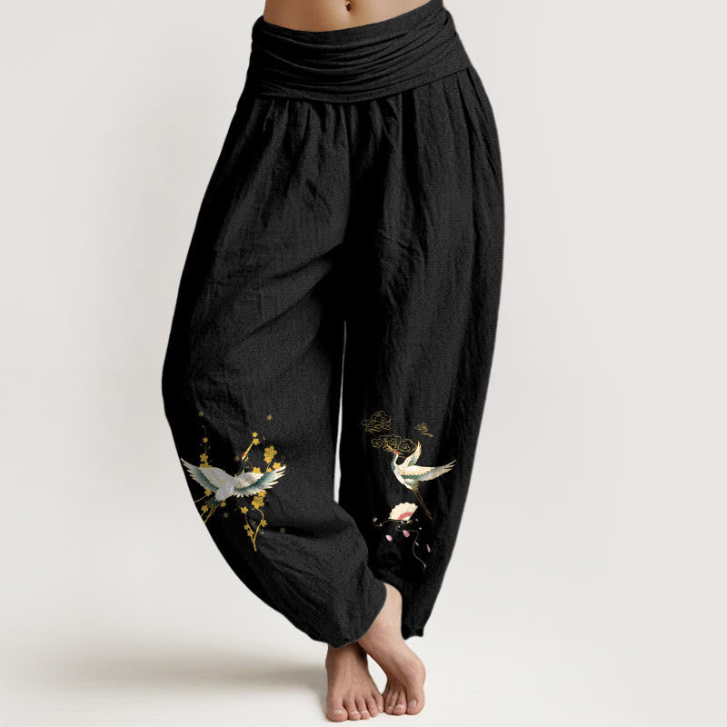 Nimara Ritual Crane Auspicious Clouds Flower Pattern Pure Cotton Women's Elastic Waist Harem Pants