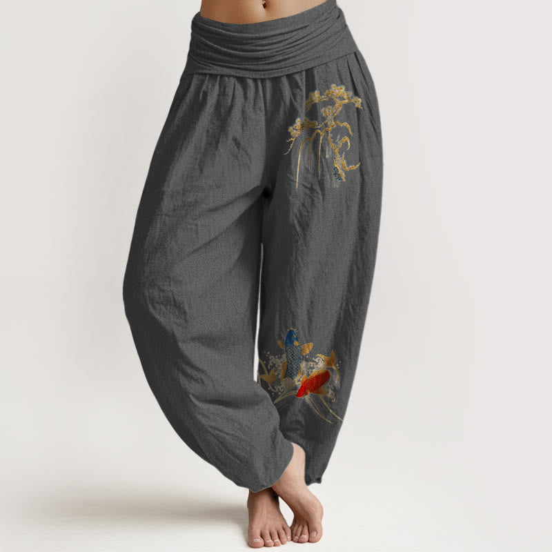 Nimara Ritual Pure Cotton Pine Tree Koi Fish Pattern Women's Elastic Waist Harem Pants