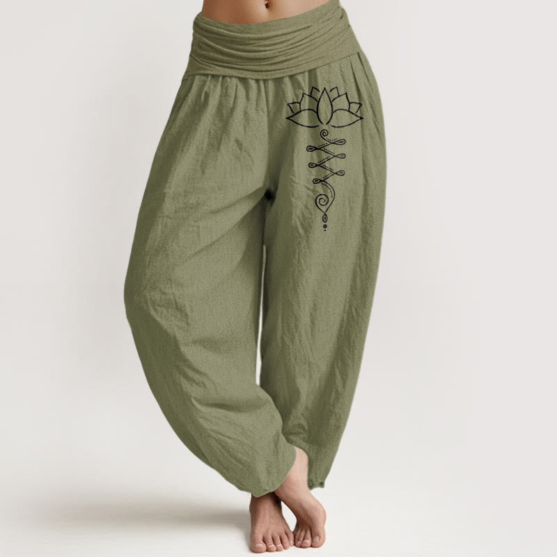 Nimara Ritual Unalome Symbol Lotus Flower Pattern Women's Elastic Waist Harem Cotton Pants