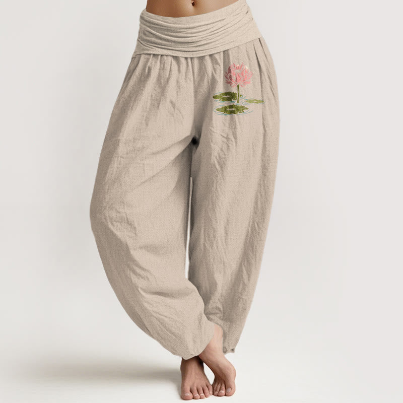 Nimara Ritual Pure Cotton Lotus Flower Leaves Pattern Women's Elastic Waist Harem Pants