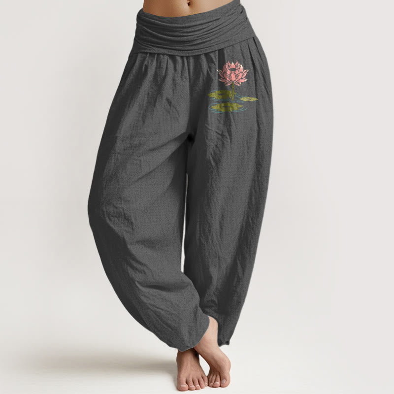 Nimara Ritual Pure Cotton Lotus Flower Leaves Pattern Women's Elastic Waist Harem Pants