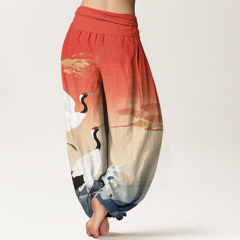 Nimara Ritual Pure Cotton Cranes Auspicious Clouds Ocean Women's Elastic Waist Harem Pants