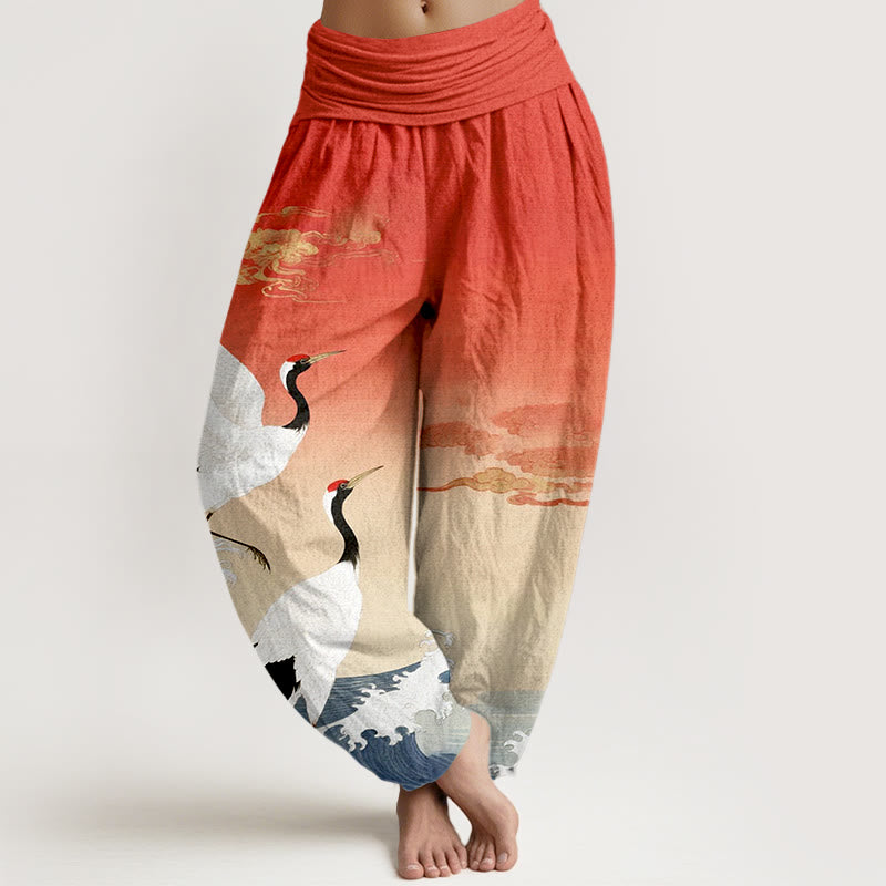 Nimara Ritual Pure Cotton Cranes Auspicious Clouds Ocean Women's Elastic Waist Harem Pants
