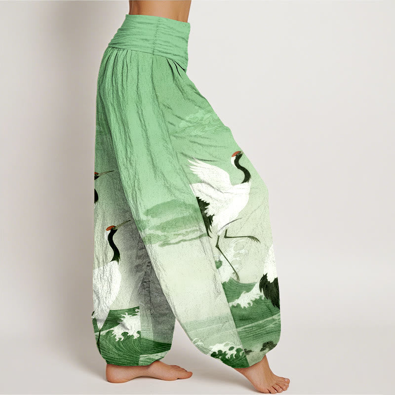 Nimara Ritual Pure Cotton Cranes Auspicious Clouds Ocean Women's Elastic Waist Harem Pants
