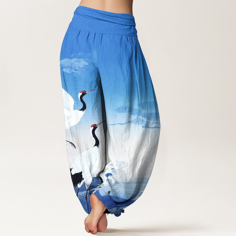 Nimara Ritual Pure Cotton Cranes Auspicious Clouds Ocean Women's Elastic Waist Harem Pants