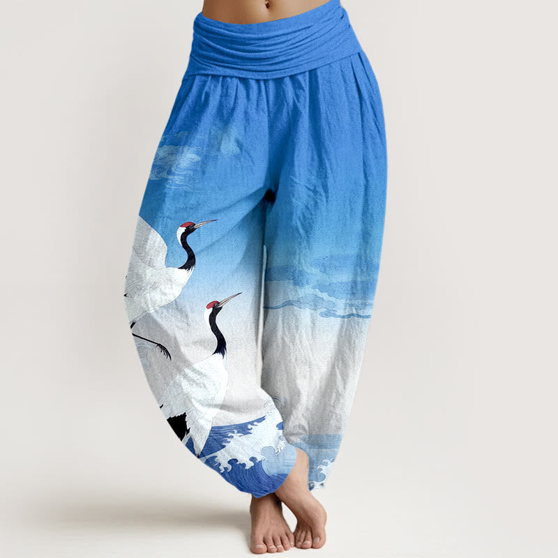 Nimara Ritual Pure Cotton Cranes Auspicious Clouds Ocean Women's Elastic Waist Harem Pants