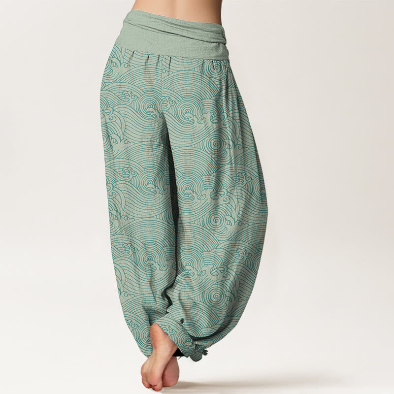 Nimara Ritual Pure Cotton Fu Character Ocean Waves Women's Elastic Waist Harem Pants
