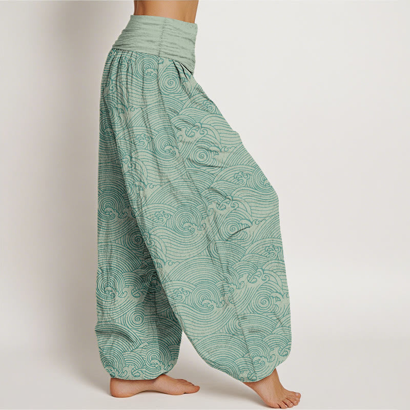 Nimara Ritual Pure Cotton Fu Character Ocean Waves Women's Elastic Waist Harem Pants