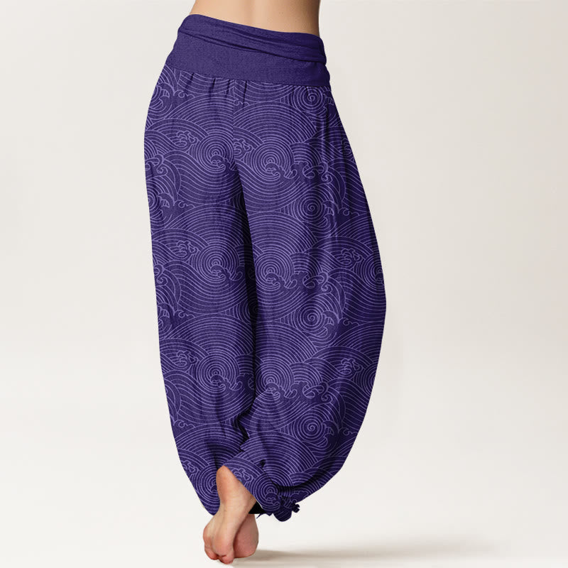 Nimara Ritual Pure Cotton Fu Character Ocean Waves Women's Elastic Waist Harem Pants