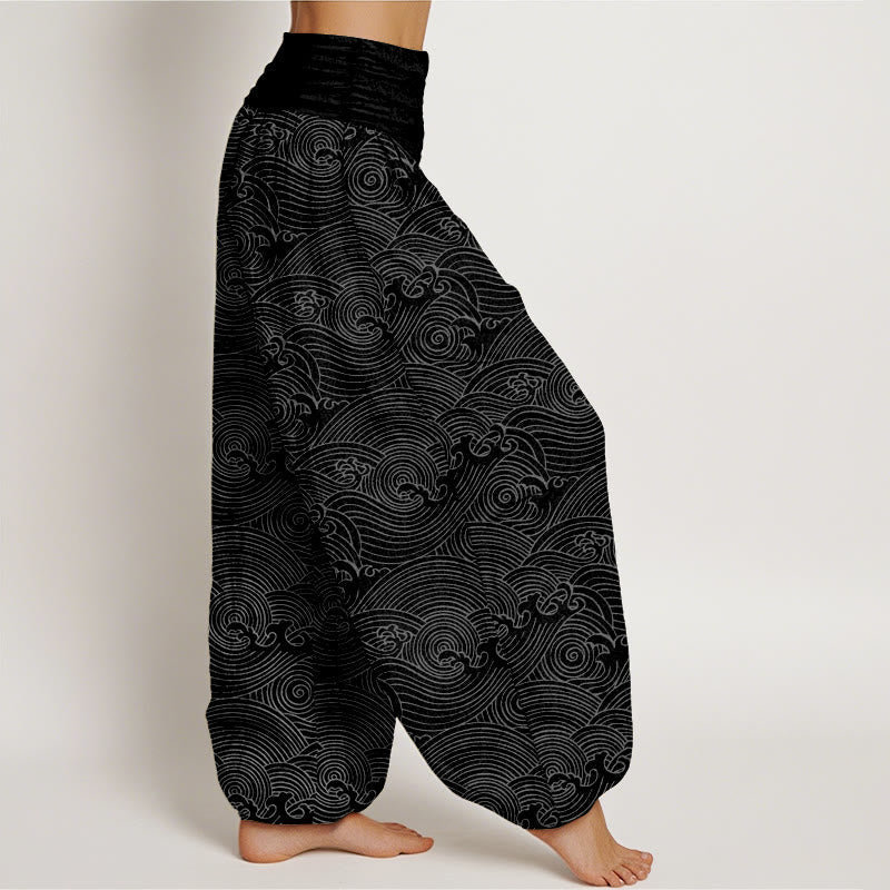 Nimara Ritual Pure Cotton Fu Character Ocean Waves Women's Elastic Waist Harem Pants