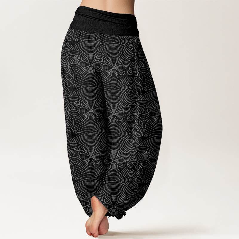 Nimara Ritual Pure Cotton Fu Character Ocean Waves Women's Elastic Waist Harem Pants