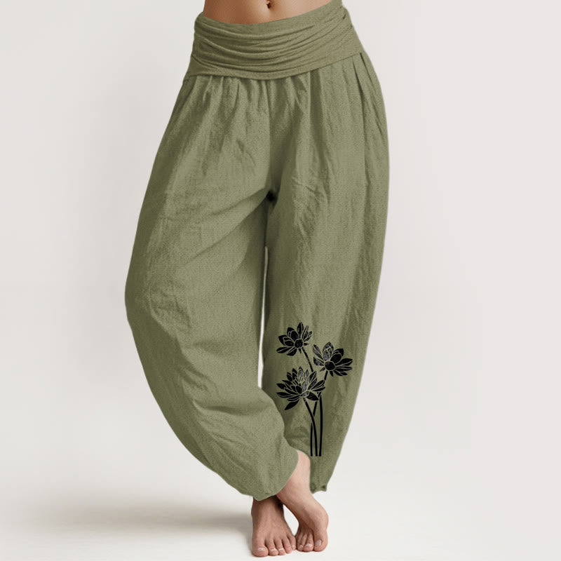 Nimara Ritual Casual Three Lotus Flowers Pattern Women's Elastic Waist Harem Cotton Pants