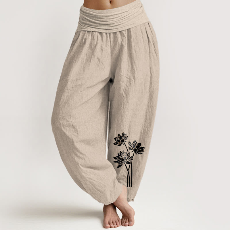 Nimara Ritual Casual Three Lotus Flowers Pattern Women's Elastic Waist Harem Cotton Pants