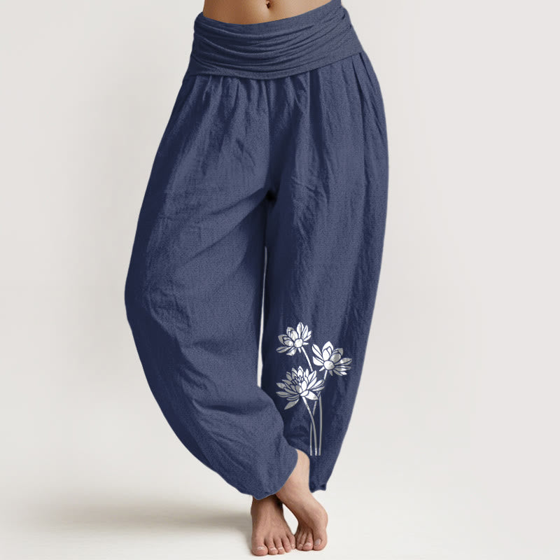 Nimara Ritual Casual Three Lotus Flowers Pattern Women's Elastic Waist Harem Cotton Pants