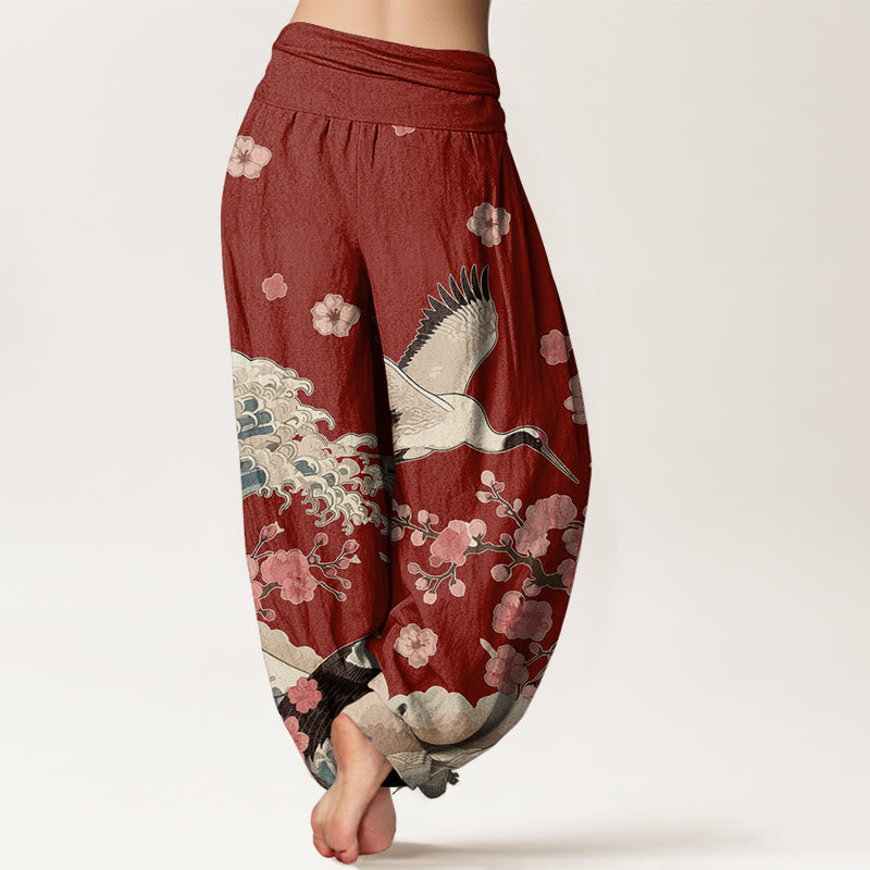 Nimara Ritual Pure Cotton Cranes Peach Blossoms Ocean Women's Elastic Waist Harem Pants