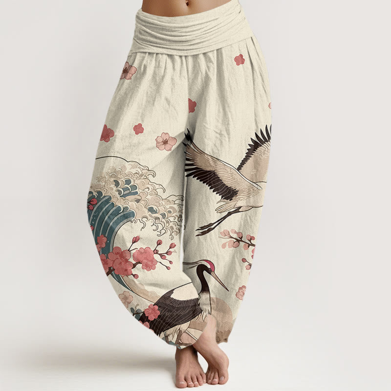 Nimara Ritual Pure Cotton Cranes Peach Blossoms Ocean Women's Elastic Waist Harem Pants