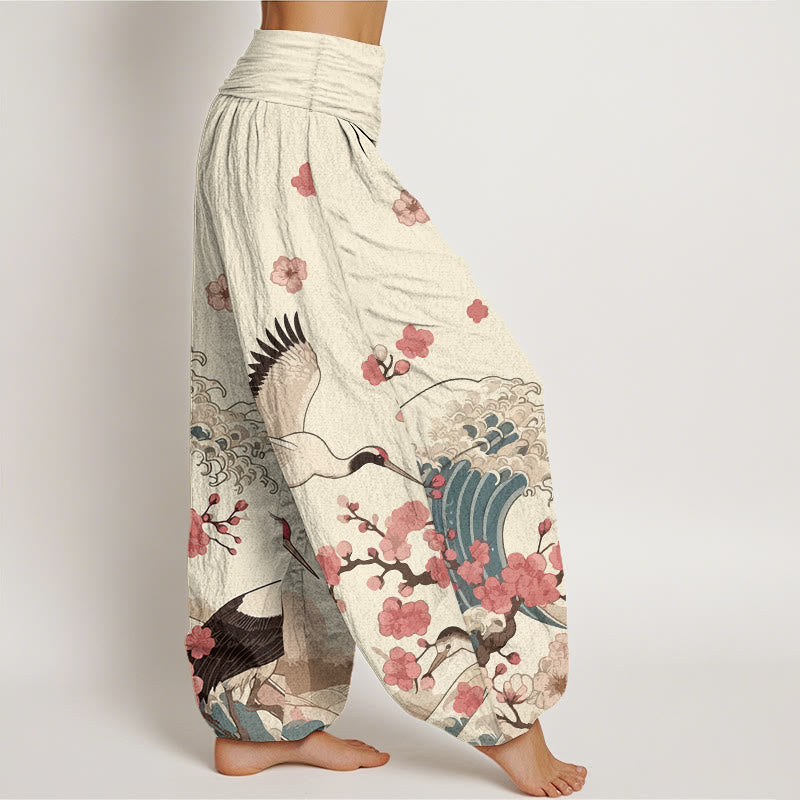 Nimara Ritual Pure Cotton Cranes Peach Blossoms Ocean Women's Elastic Waist Harem Pants
