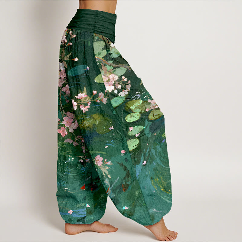 Nimara Ritual Pure Cotton Sakura Blossoms Koi Fish Lotus Leaves Women's Elastic Waist Harem Pants