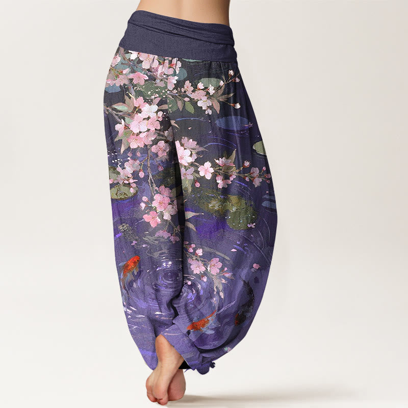 Nimara Ritual Pure Cotton Sakura Blossoms Koi Fish Lotus Leaves Women's Elastic Waist Harem Pants