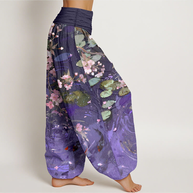 Nimara Ritual Pure Cotton Sakura Blossoms Koi Fish Lotus Leaves Women's Elastic Waist Harem Pants