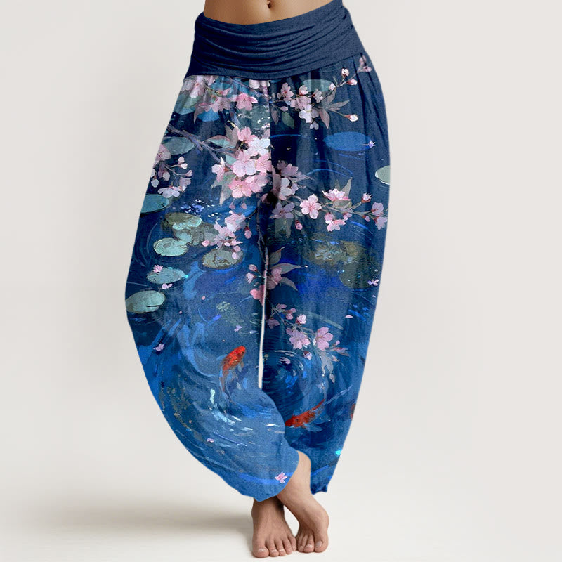 Nimara Ritual Pure Cotton Sakura Blossoms Koi Fish Lotus Leaves Women's Elastic Waist Harem Pants
