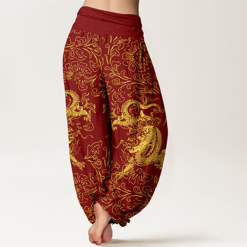 Nimara Ritual Pure Cotton Dragon Floral Women's Elastic Waist Harem Pants