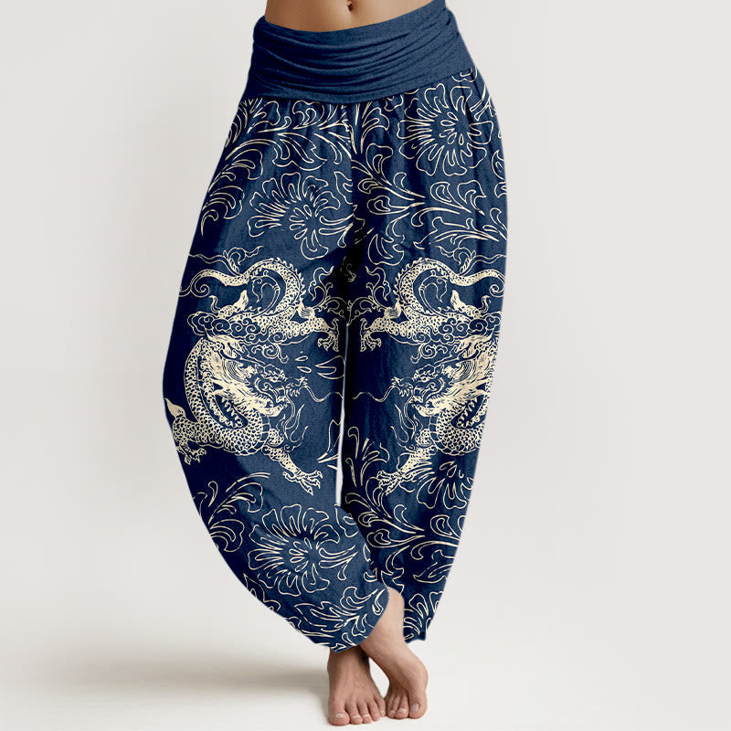 Nimara Ritual Pure Cotton Dragon Floral Women's Elastic Waist Harem Pants