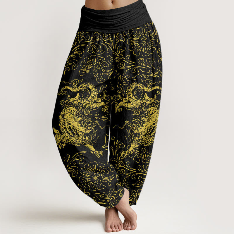 Nimara Ritual Pure Cotton Dragon Floral Women's Elastic Waist Harem Pants