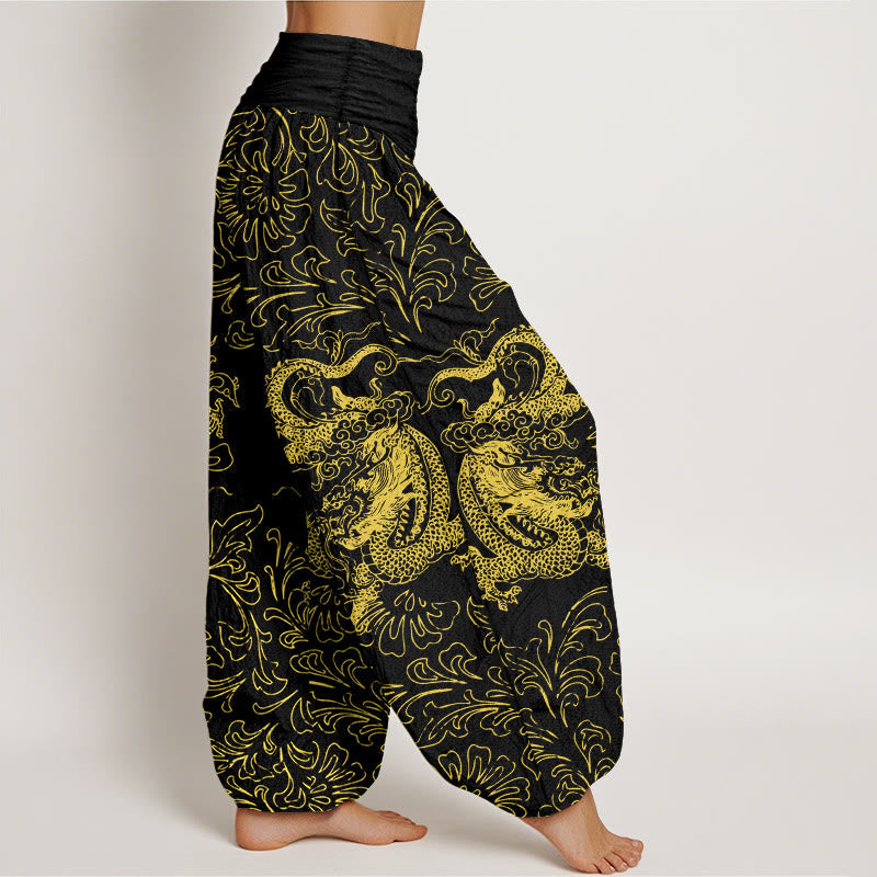 Nimara Ritual Pure Cotton Dragon Floral Women's Elastic Waist Harem Pants