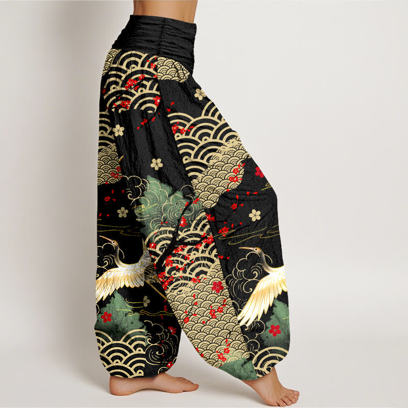 Nimara Ritual Print Crane Auspicious Clouds Flowers Pattern Women's Elastic Waist Harem Cotton Pants