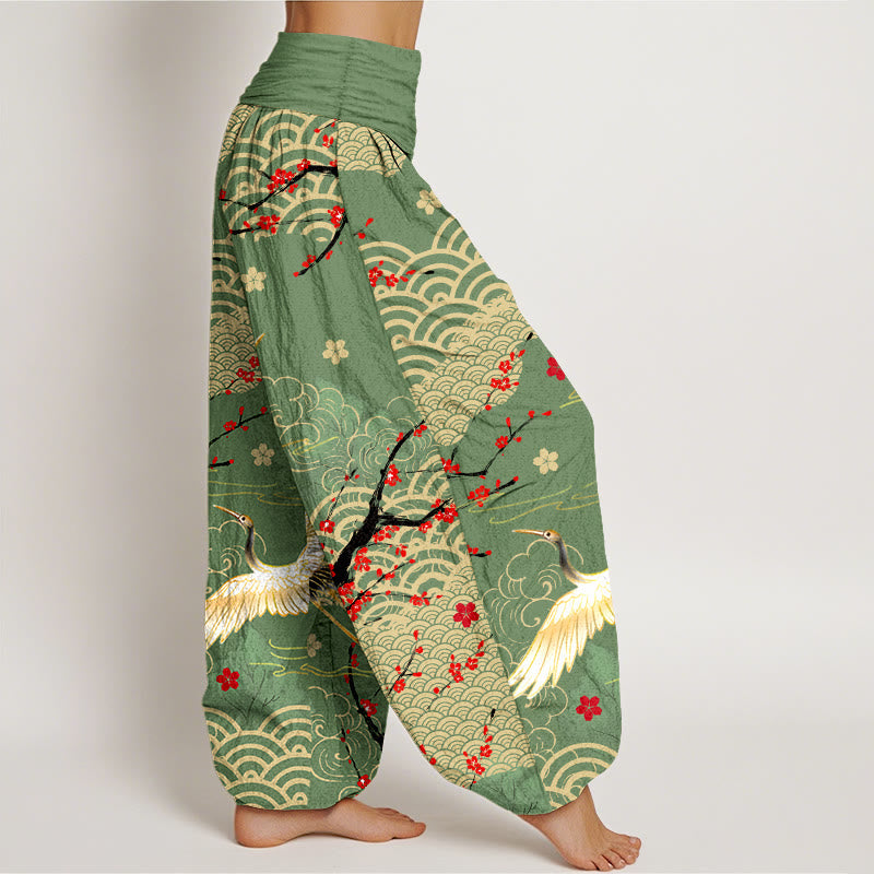 Nimara Ritual Print Crane Auspicious Clouds Flowers Pattern Women's Elastic Waist Harem Cotton Pants