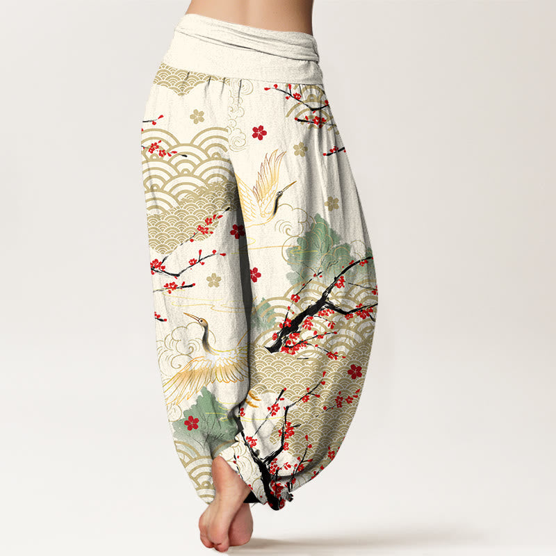 Nimara Ritual Print Crane Auspicious Clouds Flowers Pattern Women's Elastic Waist Harem Cotton Pants