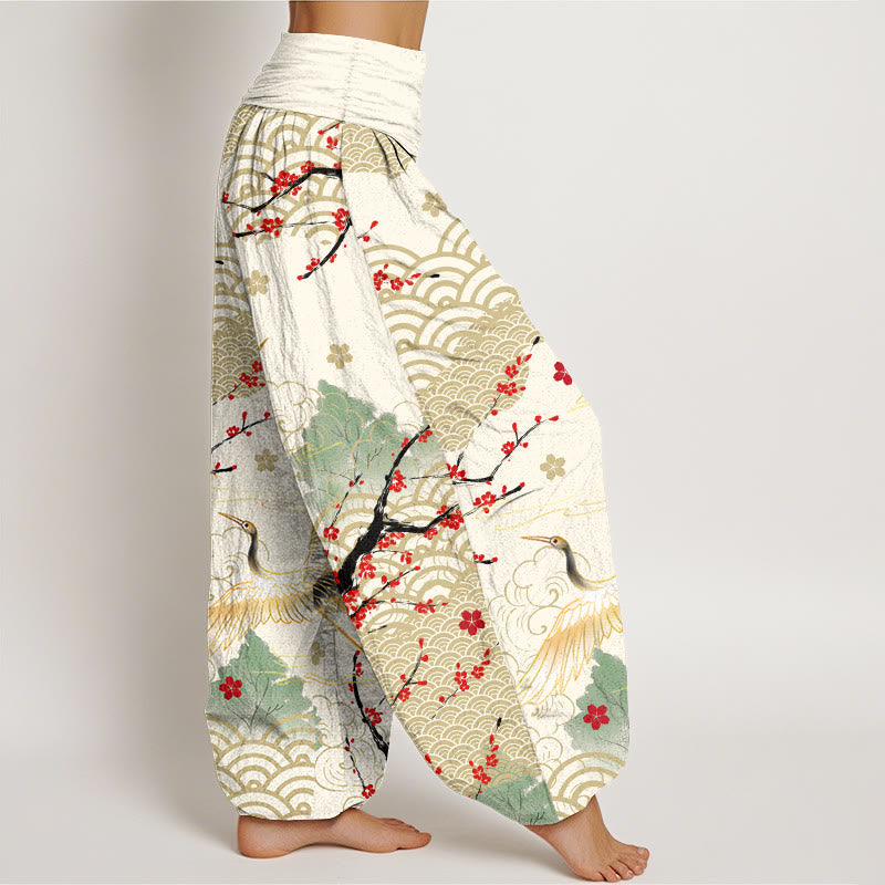 Nimara Ritual Print Crane Auspicious Clouds Flowers Pattern Women's Elastic Waist Harem Cotton Pants