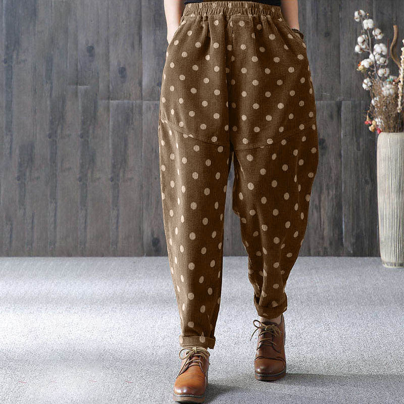 Nimara Ritual Women's Fall Commute Printing Dot Pattern Corduroy Harem Pants With Pockets
