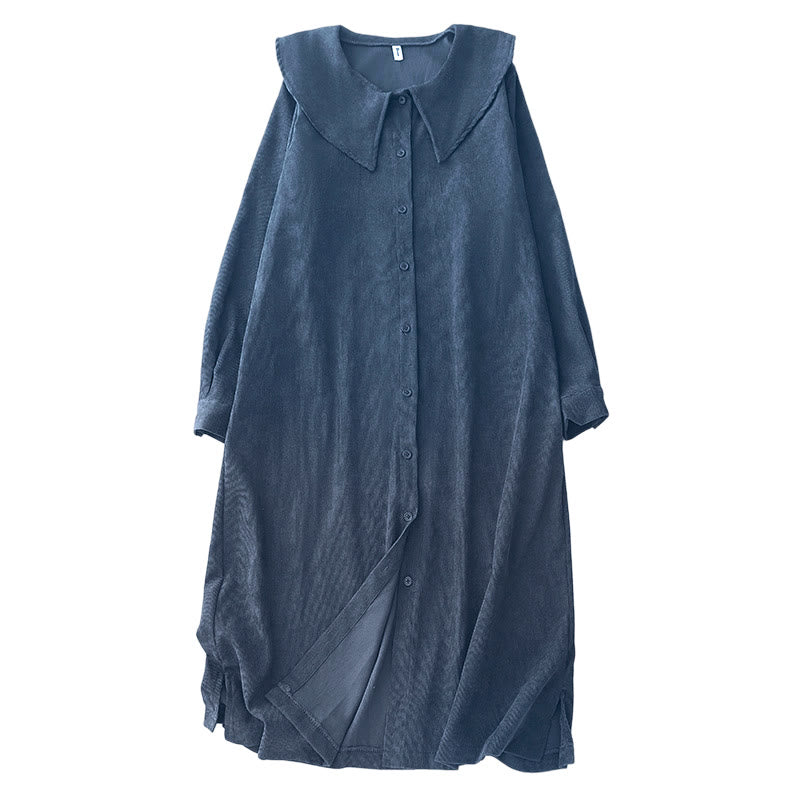 Nimara Ritual Fall Plain Buttons Design Long Sleeve Corduroy Midi Dress With Pockets