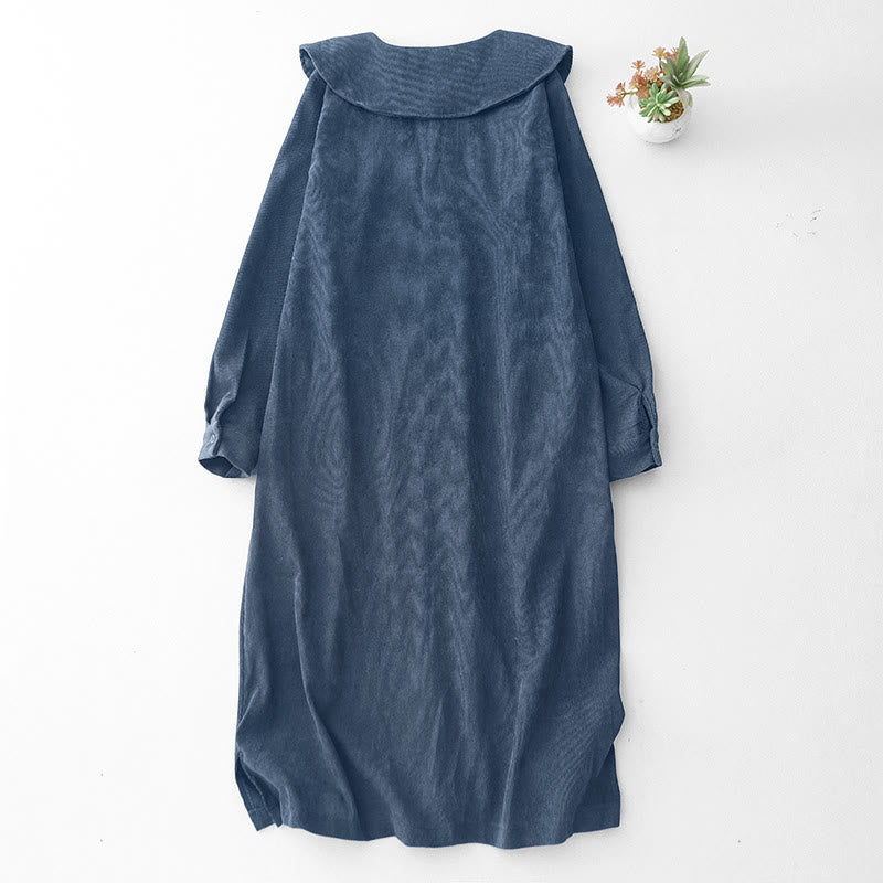 Nimara Ritual Fall Plain Buttons Design Long Sleeve Corduroy Midi Dress With Pockets