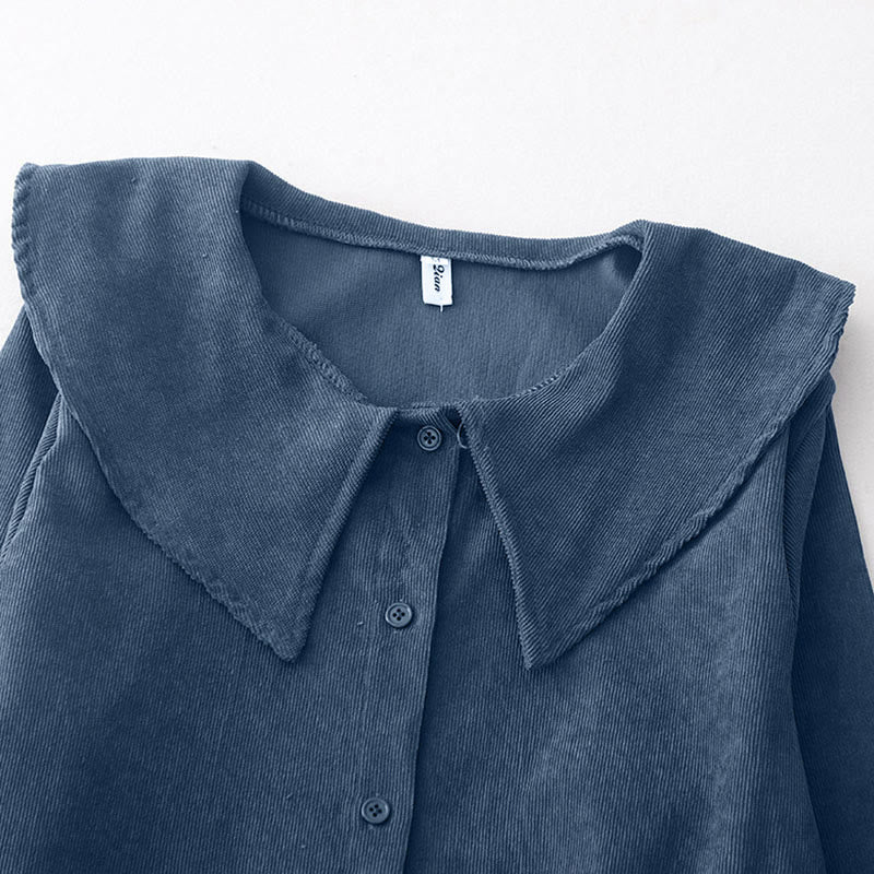 Nimara Ritual Fall Plain Buttons Design Long Sleeve Corduroy Midi Dress With Pockets