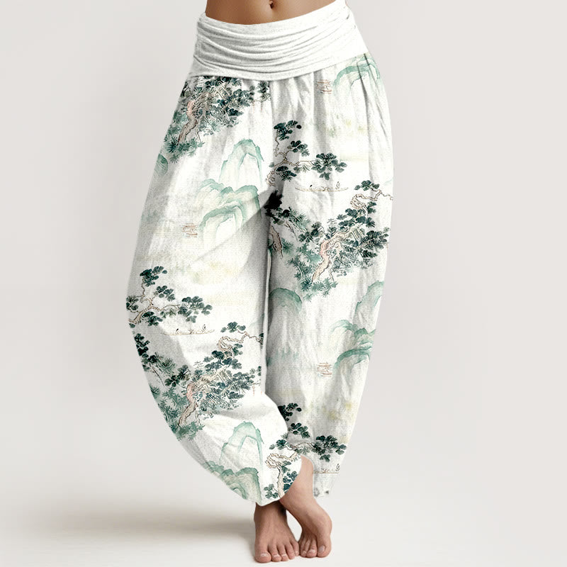 Nimara Ritual Print Pine Trees Mountains Pattern Pure Cotton Women's Elastic Waist Harem Pants