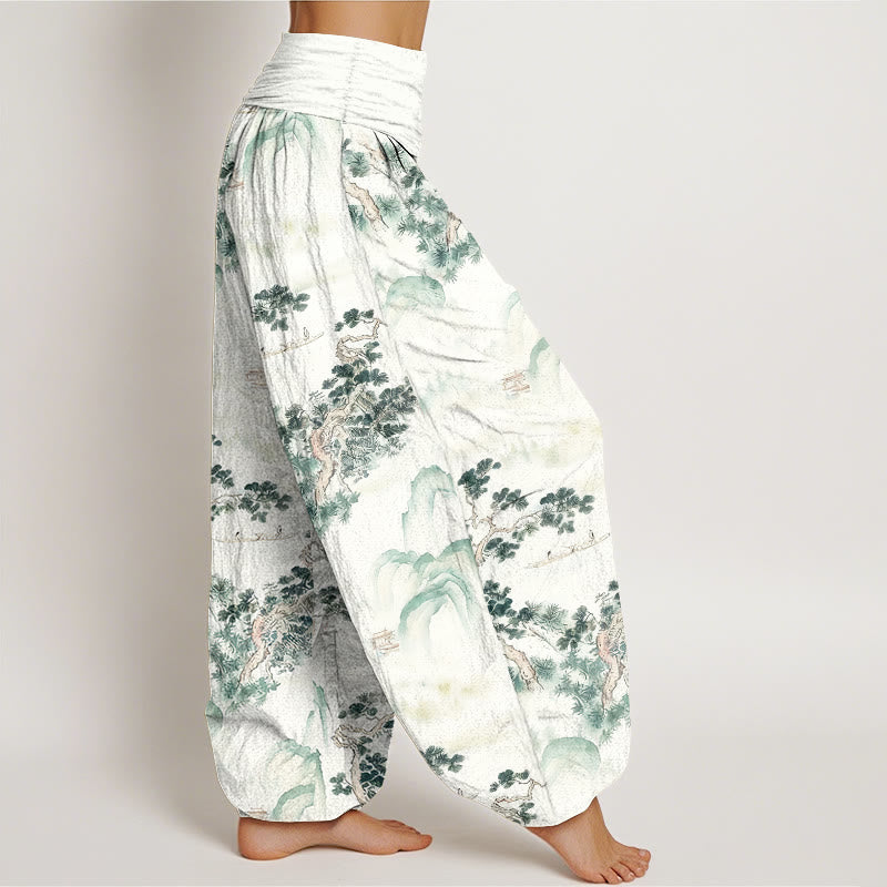 Nimara Ritual Print Pine Trees Mountains Pattern Pure Cotton Women's Elastic Waist Harem Pants
