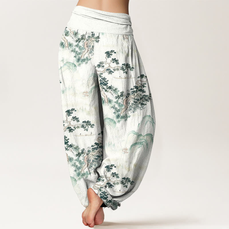 Nimara Ritual Print Pine Trees Mountains Pattern Pure Cotton Women's Elastic Waist Harem Pants