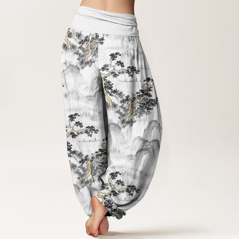 Nimara Ritual Print Pine Trees Mountains Pattern Pure Cotton Women's Elastic Waist Harem Pants