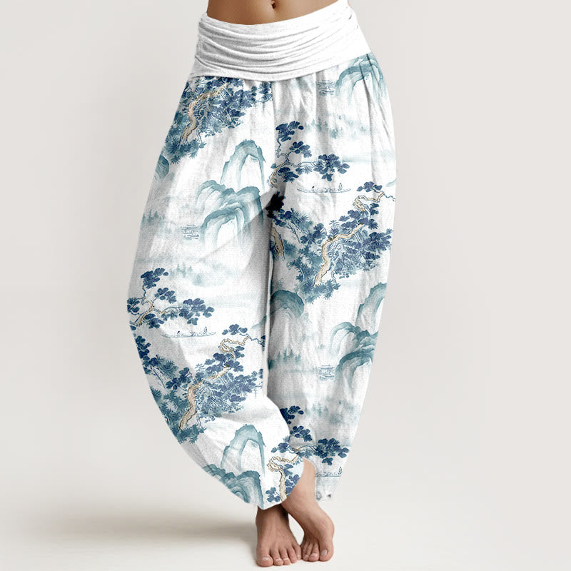 Nimara Ritual Print Pine Trees Mountains Pattern Pure Cotton Women's Elastic Waist Harem Pants