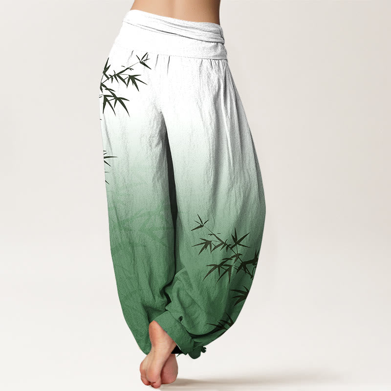 Nimara Ritual Casual Bamboo Leaves Gradient Pattern Pure Cotton Women's Elastic Waist Harem Pants