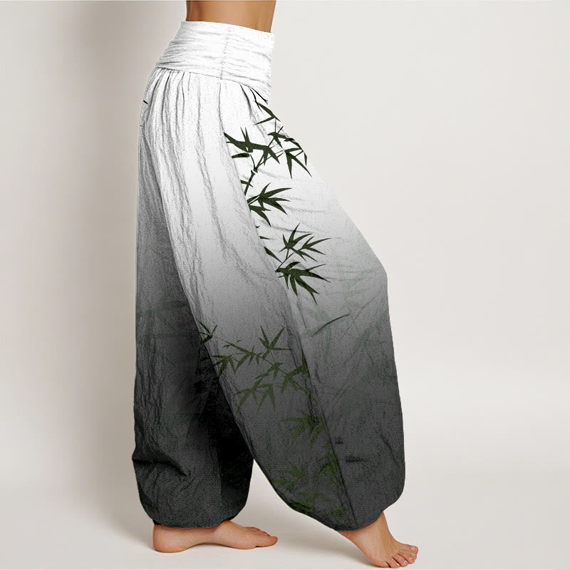 Nimara Ritual Casual Bamboo Leaves Gradient Pattern Pure Cotton Women's Elastic Waist Harem Pants