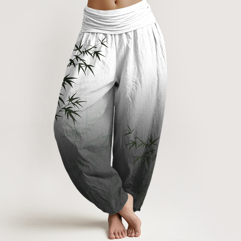 Nimara Ritual Casual Bamboo Leaves Gradient Pattern Pure Cotton Women's Elastic Waist Harem Pants