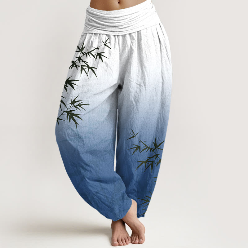 Nimara Ritual Casual Bamboo Leaves Gradient Pattern Pure Cotton Women's Elastic Waist Harem Pants