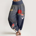 Nimara Ritual Koi Fish Red Sun Waves Clouds Pattern Women's Elastic Waist Harem Pure Cotton Pants