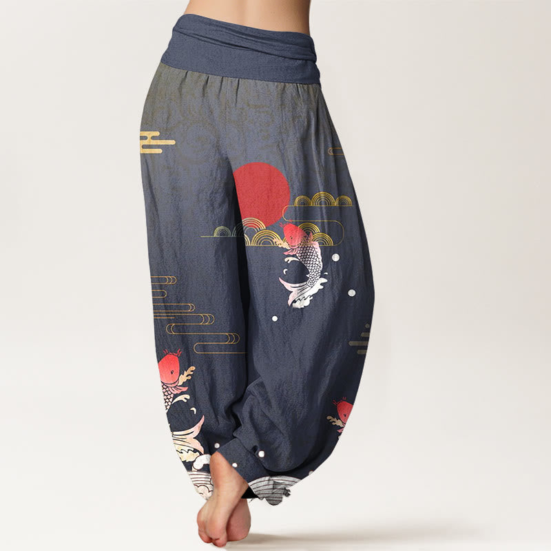 Nimara Ritual Koi Fish Red Sun Waves Clouds Pattern Women's Elastic Waist Harem Pure Cotton Pants