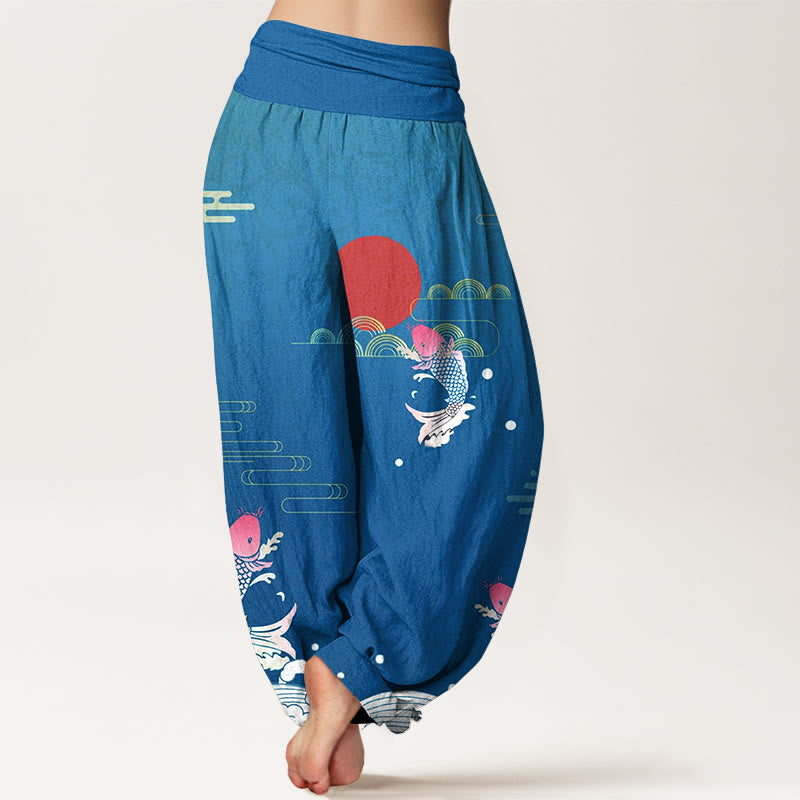 Nimara Ritual Koi Fish Red Sun Waves Clouds Pattern Women's Elastic Waist Harem Pure Cotton Pants